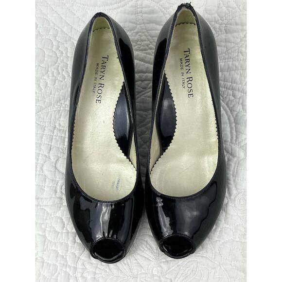Taryn Rose Womens 36M (5.5 US Size) Black Patent Slip On Wedge Heel Peekaboo Toe - Picture 4 of 9